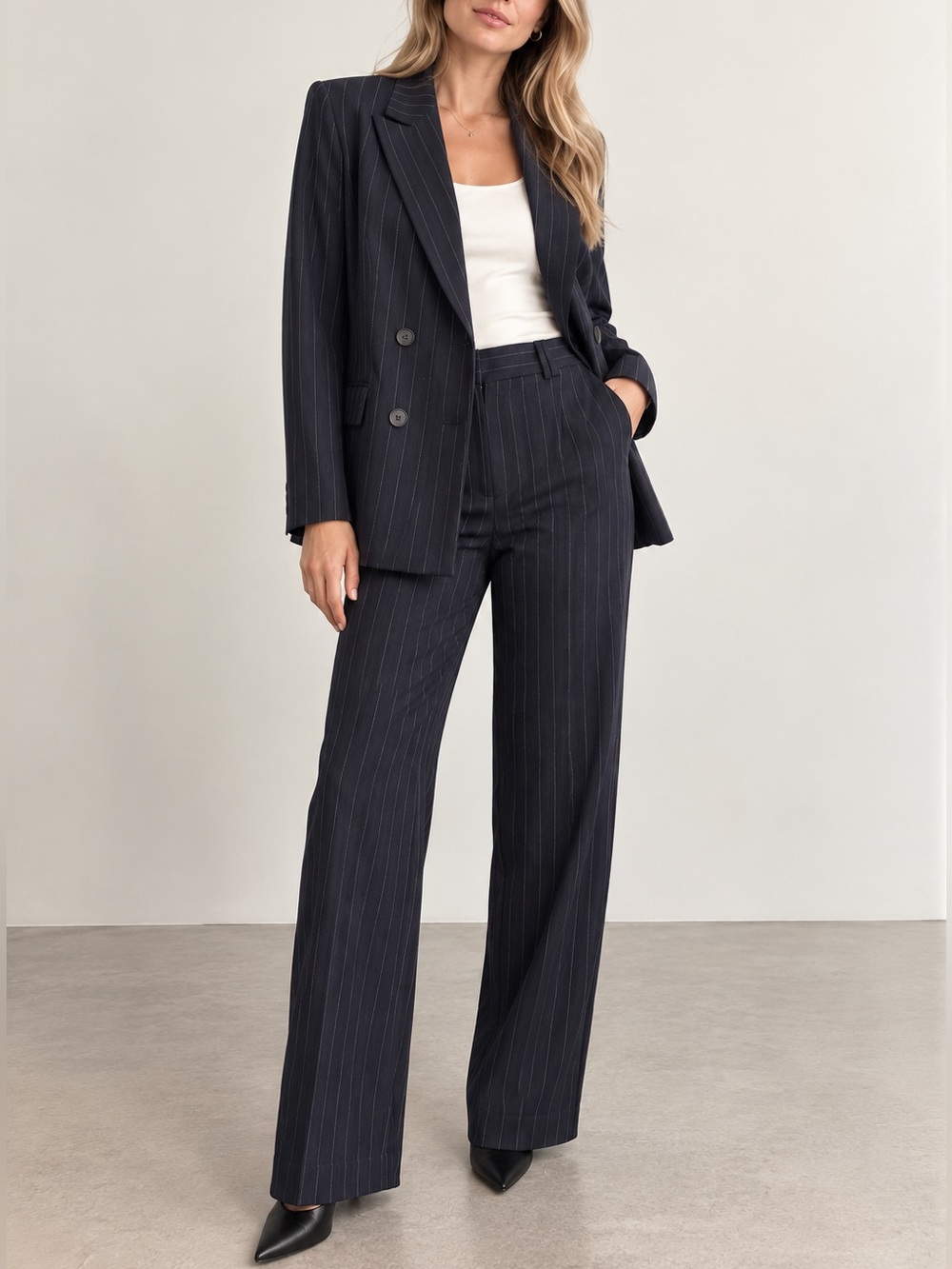 Dynamite Navy Pinstripe Double Breasted Blazer with Straight Leg Trousers Suit